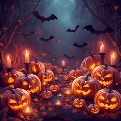 Halloween pumpkin background spooky autumn landscape glowing illustration