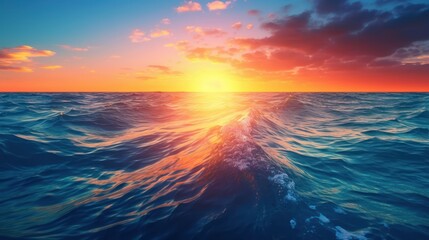 Obraz premium A dramatic seascape at sunset, with waves crashing in the foreground and a vibrant, fiery sky in the background. The sun's rays are beaming through the clouds, creating a beautiful and captivating sce