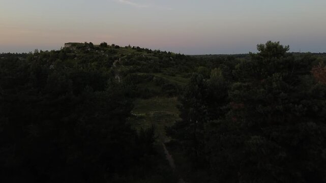 Aerial drone flight over Limestone Rock Ner Olsztyn, Poland