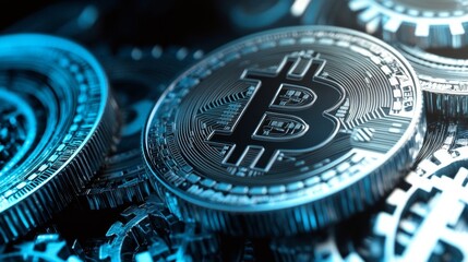 A close-up showcases the intricate design of Bitcoin coins against a dark background, enhancing their futuristic look
