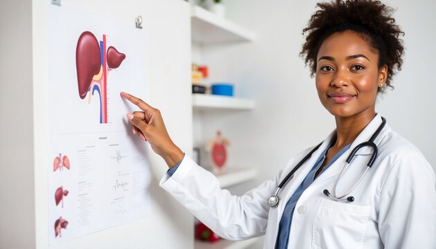Young black woman doctor pointing at kidney anatomy chart in office  