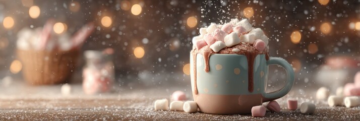 Warm cup of hot chocolate topped with marshmallows and surrounded by a festive atmosphere during winter evening
