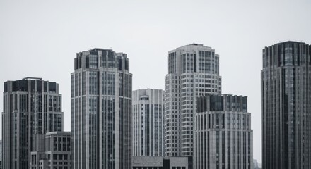 Fototapeta premium Modern skyscrapers under grey sky in urban cityscape with glass facades