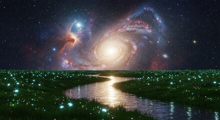 Naklejka premium Cosmic River Reflects a Swirling Galaxy Over a Dreamlike Meadow of Glowing Flowers