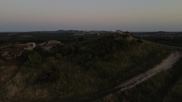 Aerial drone flight over Limestone Rock Ner Olsztyn, Poland