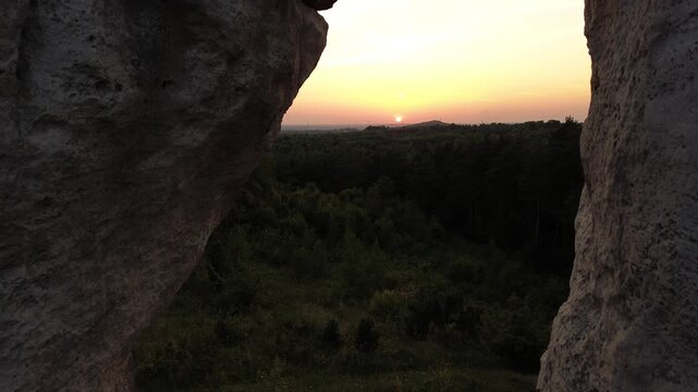 Aerial drone flight over Limestone Rock Ner Olsztyn, Poland