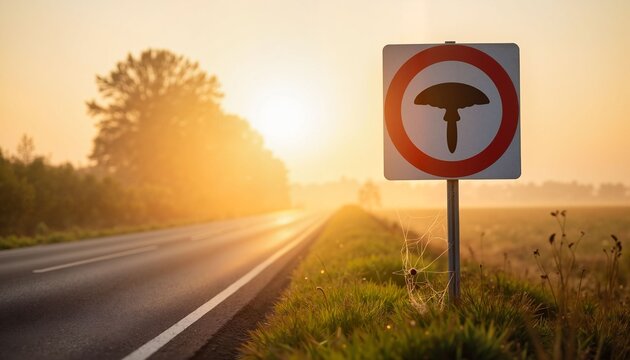 Mushroom traffic sign depicting prohibition at sunrise on road  