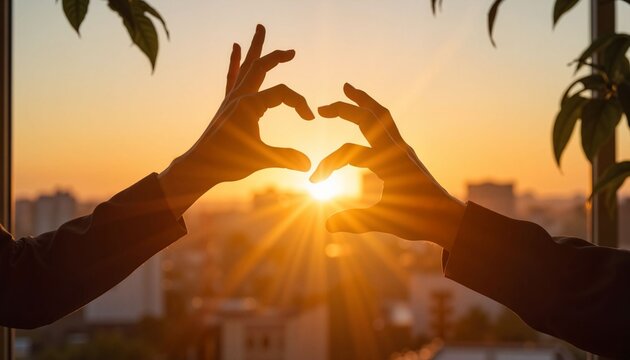 Hands forming heart shape around sunset view from window  