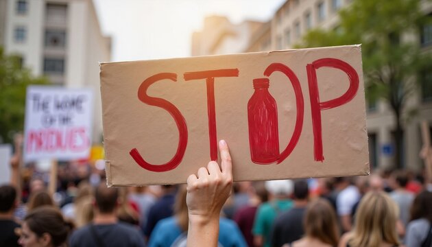 Hand holding protest sign saying "STOP" at environmental rally  