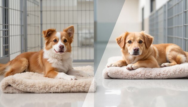 Dogs resting on soft beds in an animal shelter environment  