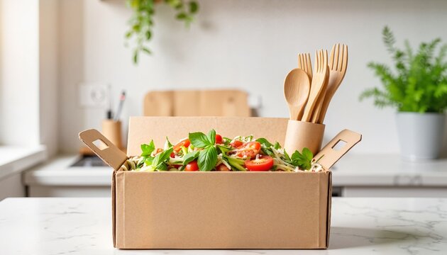 Fresh salad in eco-friendly takeout box with wooden utensils  