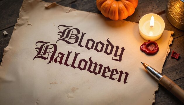 Vintage Bloody Halloween parchment with candle and pumpkin decoration  