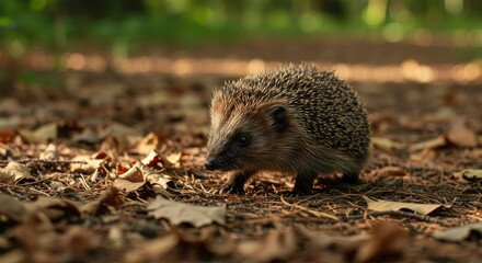 Curious Hedgehog Foraging on Forest Floor in Soft Light