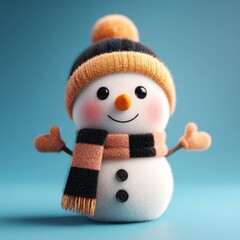 Cute snowman with a vibrant hat and scarf standing against a soft blue background