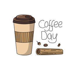 Disposable cup with coffee. Handwritten inscription. Coffee bean, spices, cinnamon, cloves. Set of linear icons. International Coffee Day. Drawing, doodle.