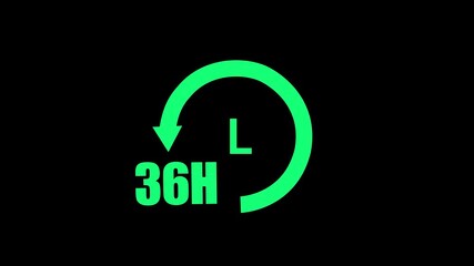 Green 36 Hour Timer Symbol With Arrow and Letter L On Black Background thirty six hours clock