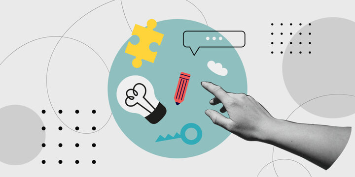 Trendy collage on logic and critical thinking. Hand drawn elements with puzzle, light bulb, key, and pencil symbolizing creativity and ideas. Contemporary vector illustration for modern design project