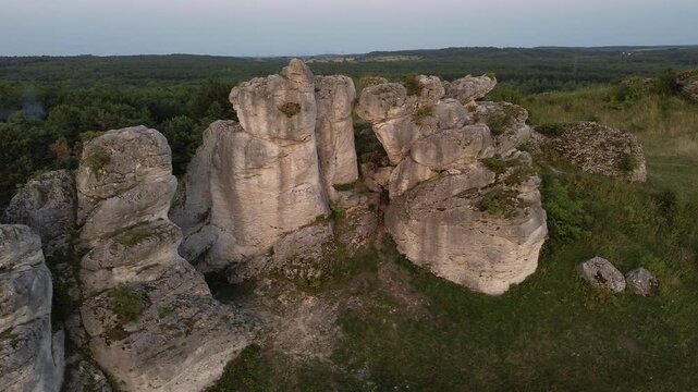Aerial drone flight over Limestone Rock Ner Olsztyn, Poland