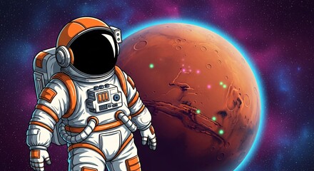 An astronaut in an orange and white spacesuit stands confidently against the backdrop of Mars and a starry nebula, suggesting exploration and discovery in space.