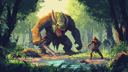 Retro 8-bit pixel art showcases a vibrant warrior battling a monster in a lush forest clearing, perfect for gaming enthusiasts.