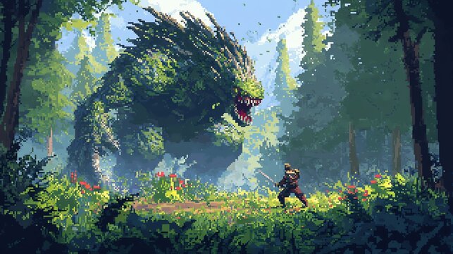 An 8-bit pixel art scene depicting a warrior battling a monster in a forest clearing, showcasing retro game nostalgia in ultra HD.