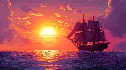 Obraz premium Explore an 8bit pixel art pirate ship navigating a pixelated ocean under a vibrant sunset, evoking a nostalgic retro adventure atmosphere.