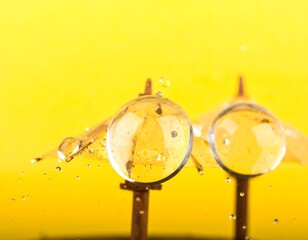 Two translucent spheres on rusty posts, suspended over a yellow background, with water droplets