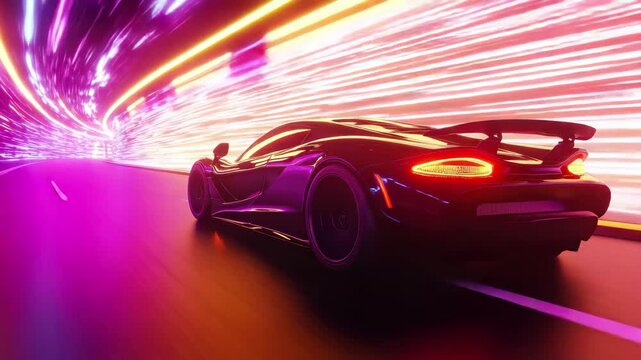Black sports car speeding through neon tunnel vibrant lights fast speed, 4k video footage