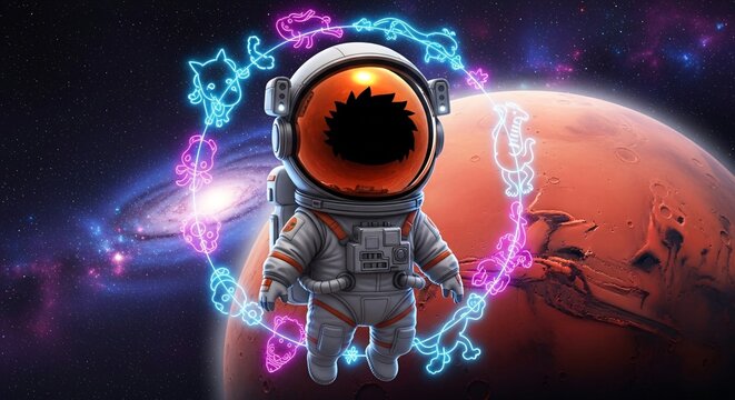 Cartoon astronaut in a spacesuit floats in space with Mars and a galaxy in the background, surrounded by glowing, whimsical creatures.