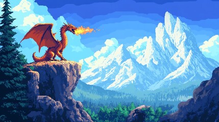 A vibrant 8bit pixel art dragon breathes fire over a pixelated mountain range, encapsulating a retro fantasy game aesthetic.