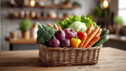 Fresh Vegetables in Rustic Basket Kitchen Setting Healthy Eating, 4k video footage - Powered by Adobe
