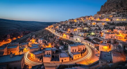 Obraz premium Scenic twilight view of illuminated cappadocia village on hillside