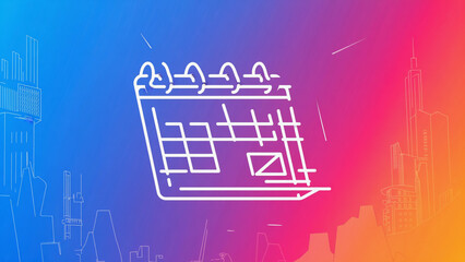 Calendar Icon White Outline Against Vibrant Gradient Cityscape