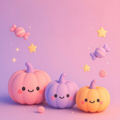 Cute pastel Halloween pumpkins with candy and stars on pink background