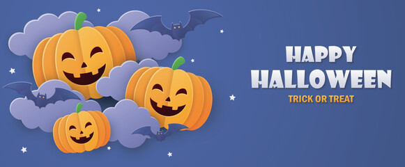 Halloween background with pumpkins and bats. Paper art style