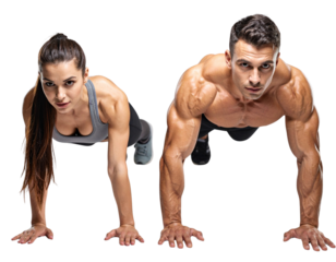 Sporty Muscular Man and Slim Woman in Workout Action, isolated on transparent background PNG