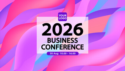 A business conference banner template . This vibrant design features a colorful abstract liquid or fluid wave background in pink and purple, ideal for creative corporate events, summits, or seminars.