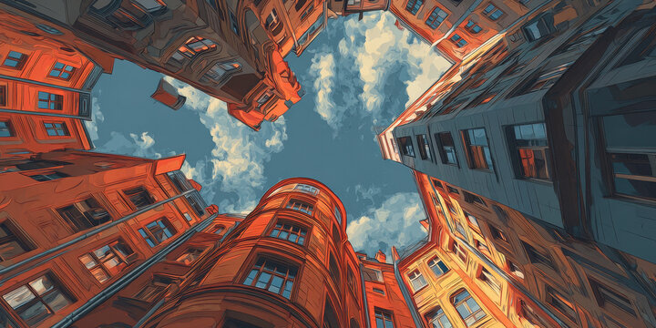 Low angle view of modern buildings with artistic rooftops against blue sky.