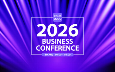 A futuristic event invitation flyer or banner layout for a corporate business conference. The bold design has abstract light rays bursting from the center, with space for a custom logo, date, and time
