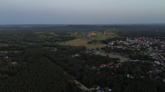 Aerial drone flight over Limestone Rock Ner Olsztyn, Poland