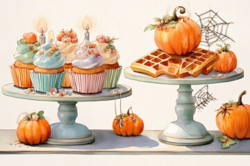 Halloween treats on cake stands with cupcakes and waffles