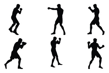 Set of vector illustrations of men's boxing silhouettes . Boxing kickboxing sport silhouette . EPS 10