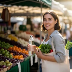 Young woman holding reusable water bottle and eco bag at farmers market