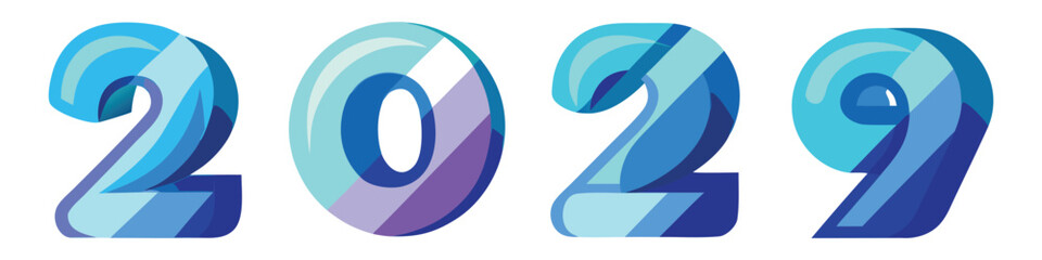 Blue and purple glassmorphism numbers 2029 with layered effect new year