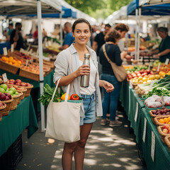 Obraz premium Young woman holding reusable water bottle and eco bag at farmers market