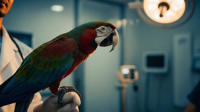 Exotic parrot perching on hand during vet examination