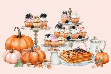 Halloween dessert table with cupcakes and waffles surrounded by pumpkins
