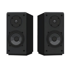 Fototapeta premium Black Stereo Speakers: Two sleek, black stereo speakers stand side-by-side in a detailed studio setting, designed for high-quality audio.