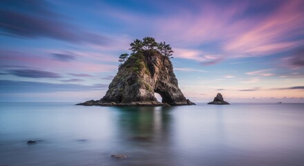 Ethereal Sea Stack Arch with Pine Trees at Pastel Sunset, Long Exposure Seascape