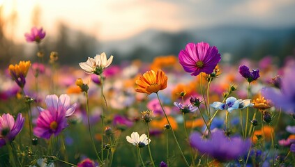 Colorful cosmos flowers bloom in a field at sunset